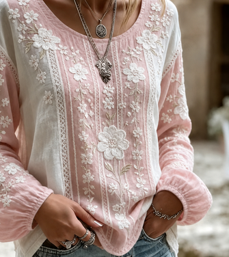 Crew Neck Long Sleeve Floral Printing Lightweight Micro-Elasticity Loose Blouse For Women - Image 3