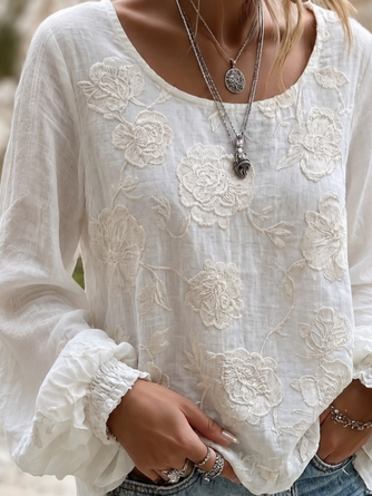 Crew Neck Long Sleeve Floral Lightweight Micro-Elasticity Loose Blouse For Women - Image 3