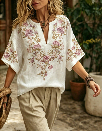 Half Open Collar Half Sleeve Floral Printing Regular Micro-Elasticity Loose Blouse For Women 2 Half Open Collar Half Sleeve Floral Printing Regular Micro-Elasticity Loose Blouse For Women - Image 2