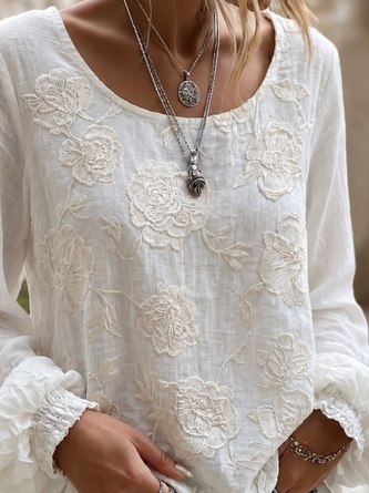 Crew Neck Long Sleeve Floral Lightweight Micro-Elasticity Loose Blouse For Women - Image 2