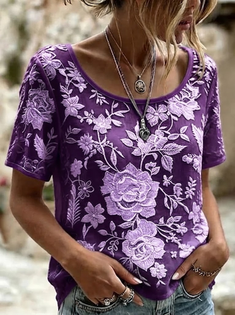 Casual Floral Crew Neck Short Sleeve T-shirt 2 Casual Floral Crew Neck Short Sleeve T-shirt - Image 2
