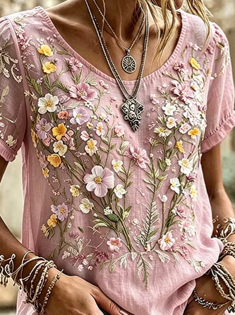 Casual Floral Crew Neck Short Sleeve T-shirt 3 Casual Floral Crew Neck Short Sleeve T-shirt - Image 3