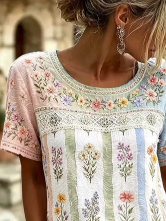 Casual Floral Crew Neck Short Sleeve T-shirt 2 Casual Floral Crew Neck Short Sleeve T-shirt - Image 2
