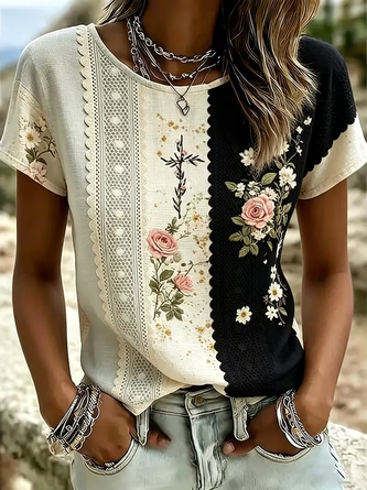 Casual Floral Crew Neck Short Sleeve T-shirt 1 Casual Floral Crew Neck Short Sleeve T-shirt