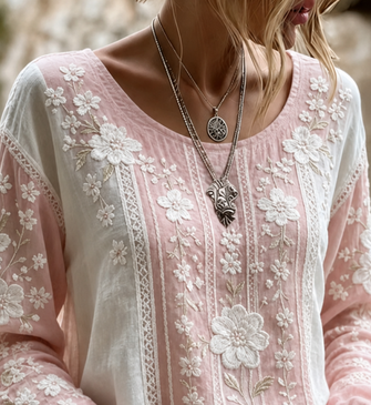 Crew Neck Long Sleeve Floral Printing Lightweight Micro-Elasticity Loose Blouse For Women - Image 2