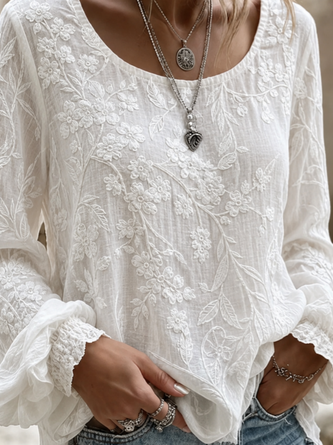 Crew Neck Long Sleeve Floral Lightweight Micro-Elasticity Loose Blouse For Women - Image 3