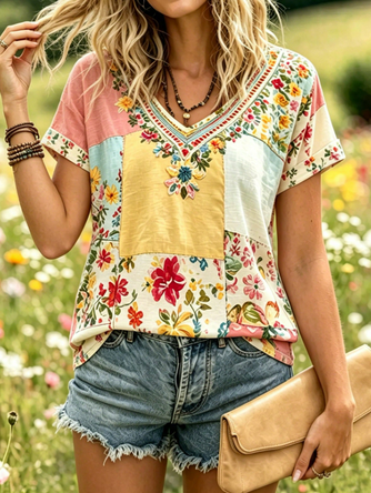 Vintage Geometric Crew Neck Short Sleeve T-shirt - Image 2
