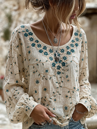 Crew Neck Long Sleeve Floral Printing Lightweight Micro-Elasticity Loose Blouse For Women