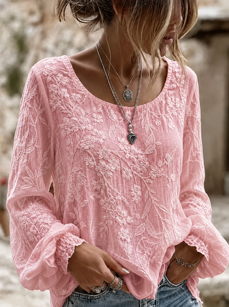 Crew Neck Long Sleeve Floral Lightweight Micro-Elasticity Loose Blouse For Women - Image 2