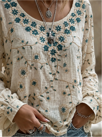 Crew Neck Long Sleeve Floral Printing Lightweight Micro-Elasticity Loose Blouse For Women - Image 2