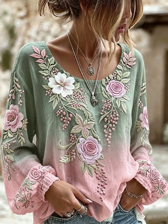 Crew Neck Long Sleeve Floral Printing Lightweight Micro-Elasticity Loose Blouse For Women