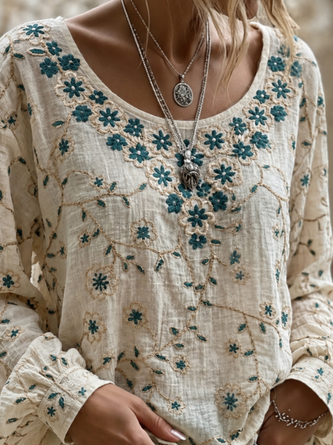 Crew Neck Long Sleeve Floral Printing Lightweight Micro-Elasticity Loose Blouse For Women - Image 3