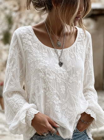 Crew Neck Long Sleeve Floral Lightweight Micro-Elasticity Loose Blouse For Women