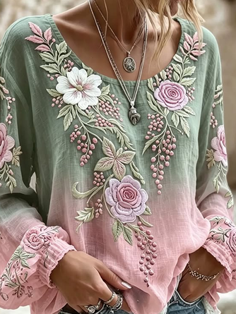 Crew Neck Long Sleeve Floral Printing Lightweight Micro-Elasticity Loose Blouse For Women - Image 2