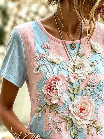 Casual Floral Crew Neck Short Sleeve T-shirt - Image 2