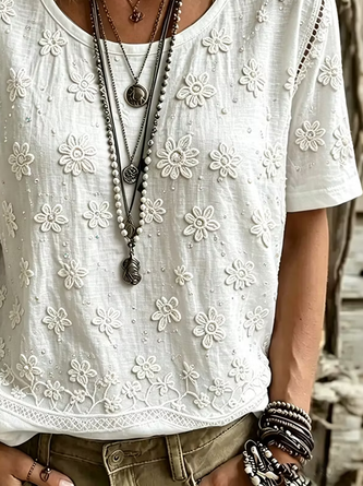 Casual Floral Crew Neck Short Sleeve T-shirt - Image 3
