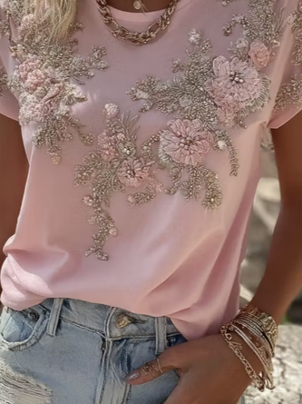 Casual Floral Crew Neck Short Sleeve T-shirt 3 Casual Floral Crew Neck Short Sleeve T-shirt - Image 3