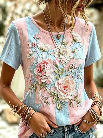 Casual Floral Crew Neck Short Sleeve T-shirt