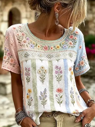 Casual Floral Crew Neck Short Sleeve T-shirt 1 Casual Floral Crew Neck Short Sleeve T-shirt