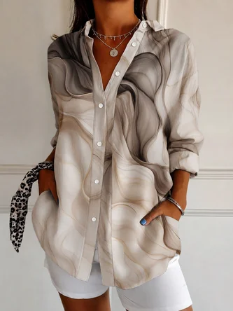 Shirt Collar Long Sleeve Ombre Regular Micro Elasticity Loose Shirt