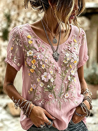 Casual Floral Crew Neck Short Sleeve T-shirt 1 Casual Floral Crew Neck Short Sleeve T-shirt
