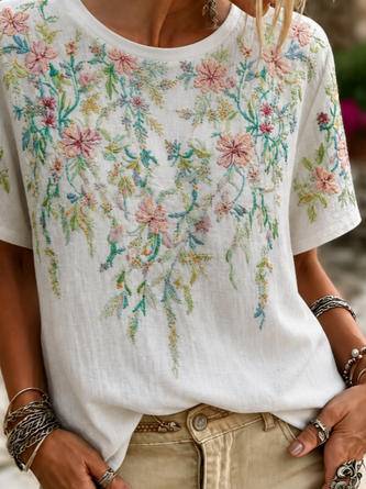 Casual Floral Crew Neck Short Sleeve T-shirt - Image 2