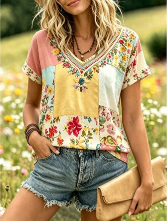 Vintage Geometric Crew Neck Short Sleeve T-shirt
