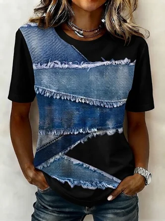 Casual Faux Denim Print Graphic Crew Neck Short Sleeve T shirt