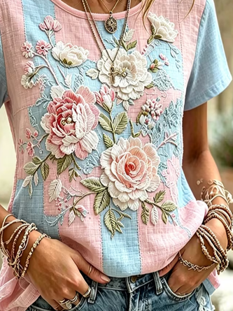 Casual Floral Crew Neck Short Sleeve T-shirt - Image 3