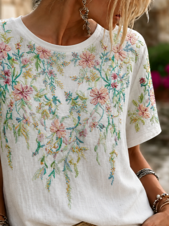 Casual Floral Crew Neck Short Sleeve T-shirt - Image 3