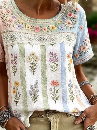 Casual Floral Crew Neck Short Sleeve T-shirt 3 Casual Floral Crew Neck Short Sleeve T-shirt - Image 3