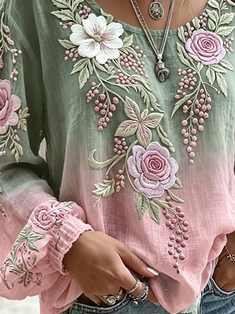 Crew Neck Long Sleeve Floral Printing Lightweight Micro-Elasticity Loose Blouse For Women - Image 3