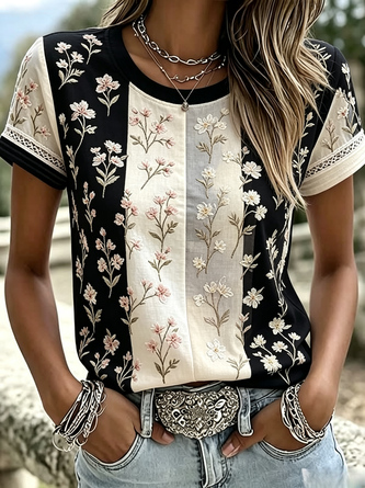 Vintage Floral Crew Neck Short Sleeve T-shirt - Image 2