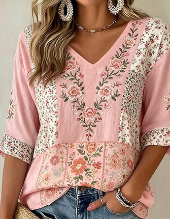 V Neck Half Sleeve Floral Regular Micro-Elasticity Regular Fit Blouse For Women - Image 3