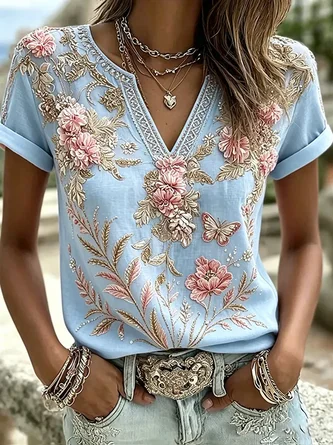 Casual Floral Notched Short Sleeve T-shirt - Image 3