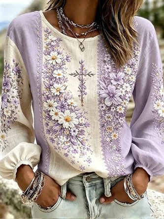 Crew Neck Long Sleeve Floral Lightweight Micro-Elasticity Loose Blouse For Women - Image 4