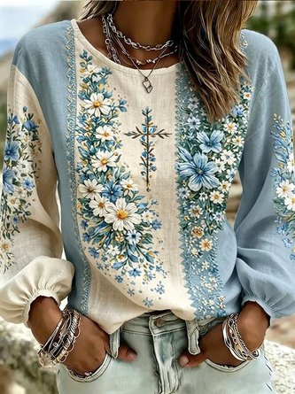 Crew Neck Long Sleeve Floral Lightweight Micro-Elasticity Loose Blouse For Women - Image 2
