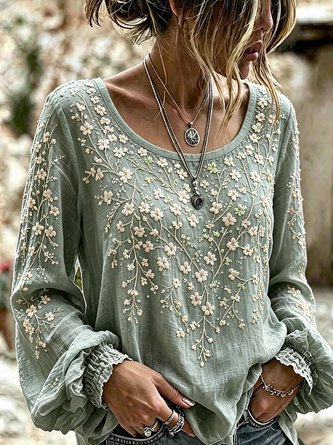 Crew Neck Long Sleeve Floral Regular Micro-Elasticity Regular Fit Blouse For Women - Image 4