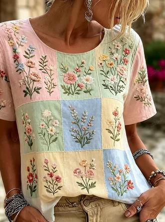 Casual Floral Crew Neck Short Sleeve T-shirt - Image 3