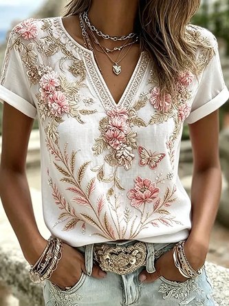Casual Floral Notched Short Sleeve T-shirt - Image 2