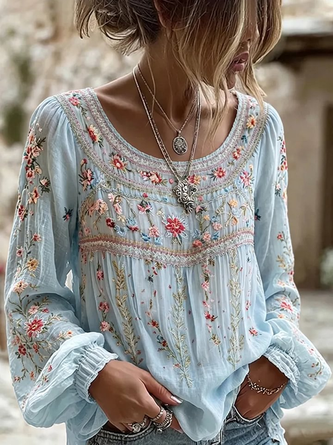 Crew Neck Long Sleeve Floral Regular Micro-Elasticity Regular Fit Blouse For Women 2 Crew Neck Long Sleeve Floral Regular Micro-Elasticity Regular Fit Blouse For Women - Image 2