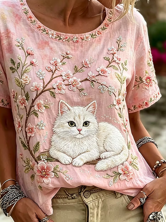 Casual Floral Crew Neck Short Sleeve T-shirt - Image 3