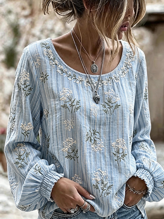 Crew Neck Long Sleeve Floral Regular Micro-Elasticity Regular Fit Blouse For Women 3 Crew Neck Long Sleeve Floral Regular Micro-Elasticity Regular Fit Blouse For Women - Image 3