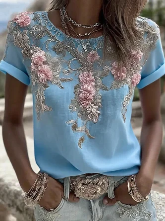 Vintage Floral Crew Neck Short Sleeve T-shirt 6 Vintage Floral Crew Neck Short Sleeve T-shirt - Image 6