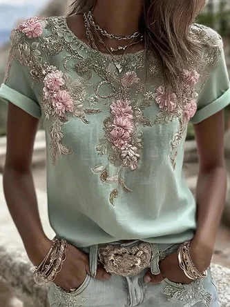 Vintage Floral Crew Neck Short Sleeve T-shirt 8 Vintage Floral Crew Neck Short Sleeve T-shirt - Image 8