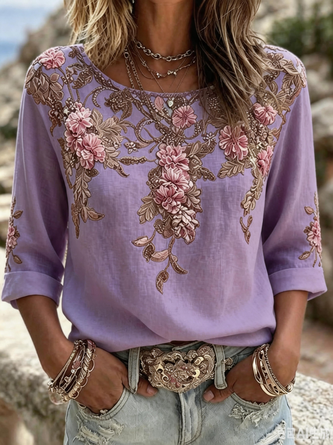 Crew Neck Half Sleeve Floral Regular Micro-Elasticity Regular Fit Blouse For Women - Image 4