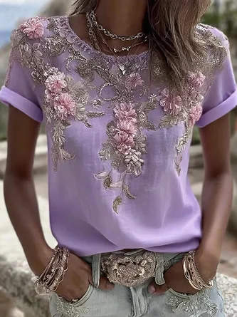 Vintage Floral Crew Neck Short Sleeve T-shirt 7 Vintage Floral Crew Neck Short Sleeve T-shirt - Image 7