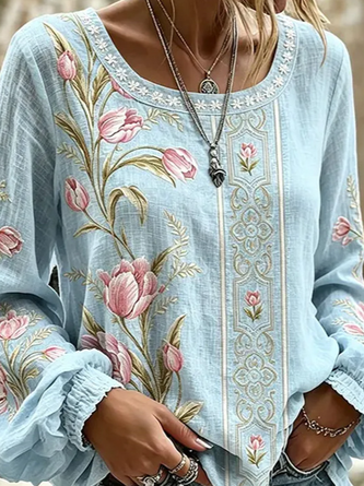 Crew Neck Long Sleeve Floral Lightweight Micro-Elasticity Loose Blouse For Women - Image 2