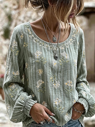 Crew Neck Long Sleeve Floral Regular Micro-Elasticity Regular Fit Blouse For Women 4 Crew Neck Long Sleeve Floral Regular Micro-Elasticity Regular Fit Blouse For Women - Image 4