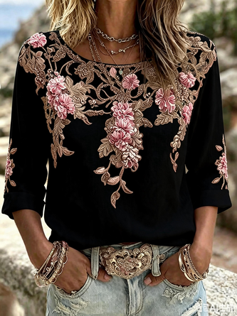 Crew Neck Half Sleeve Floral Regular Micro-Elasticity Regular Fit Blouse For Women - Image 5